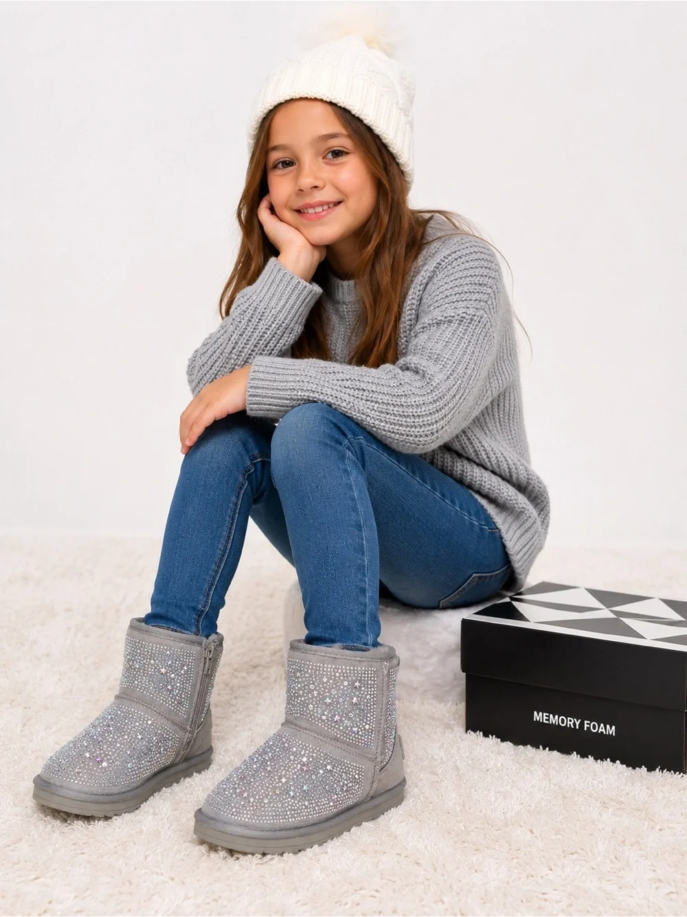 Girls Kids Size 11 Gray Rhinestone Sparkle Star Winter Boots Side Zip New in Box